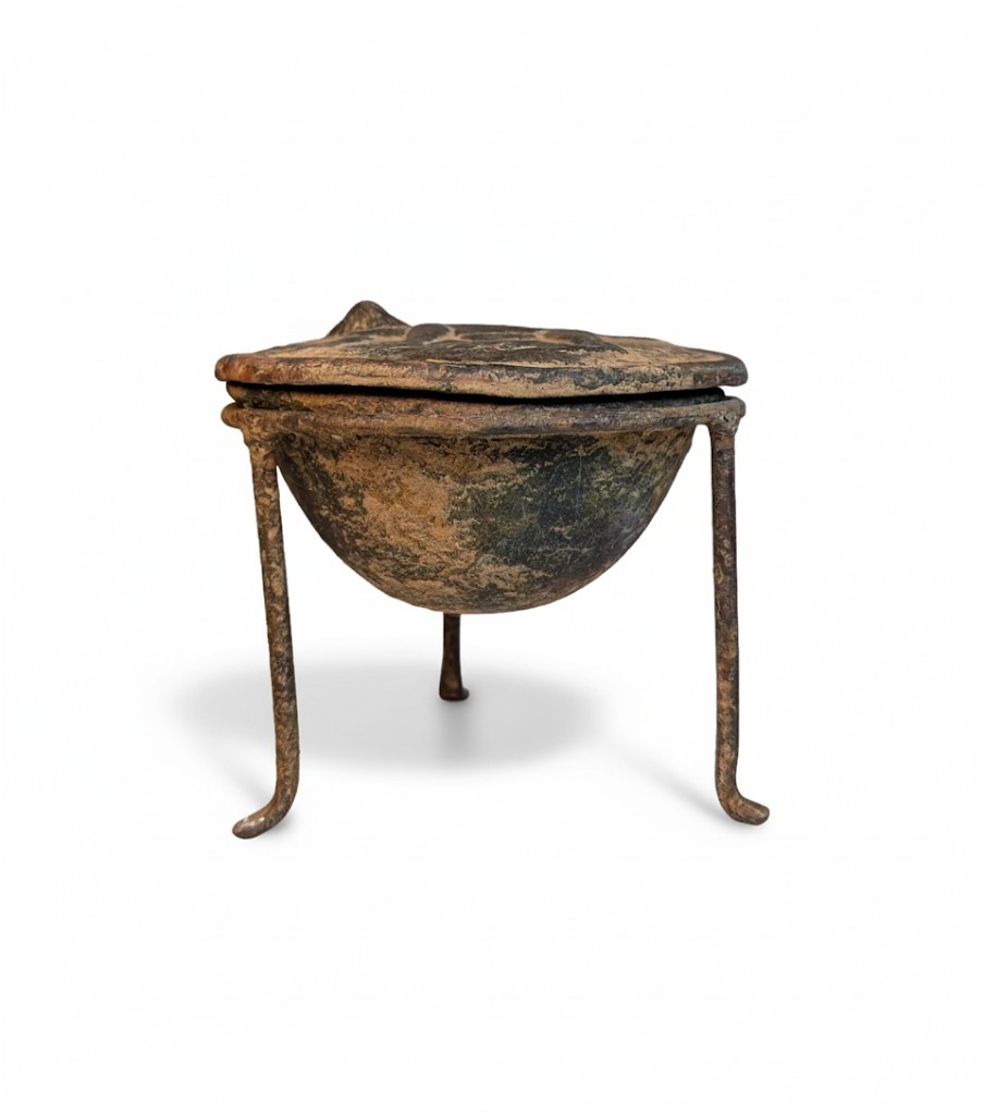 Antique Greek/Roman Ritual Clay Tripod Bowl with Monkey Relief Lid – Gorgeous