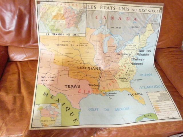 French Vintage School Poster Map USA North America Canada