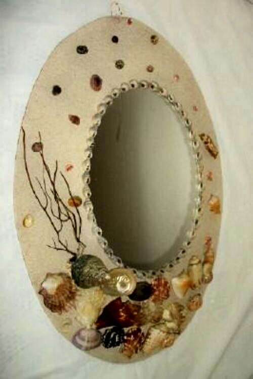 1940s SEASHELL WOOD WALL MIRROR COTTAGE CORE HANDMADE SAND SEA GRASS VINTAGE