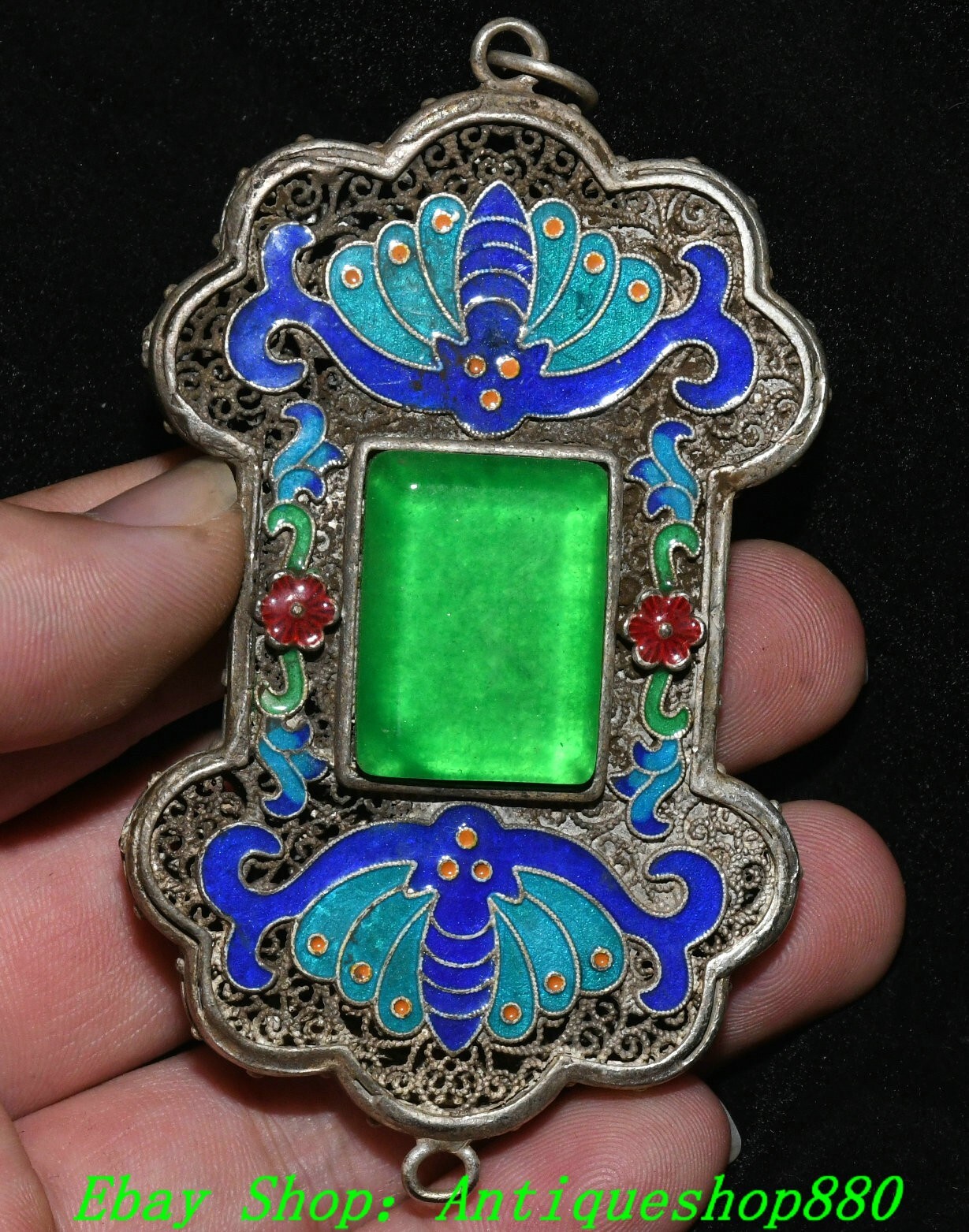 3.3”Old Tibet Silver Cloisonne Enamel Inlay Gems Bat Hollow out Amulet Pendant