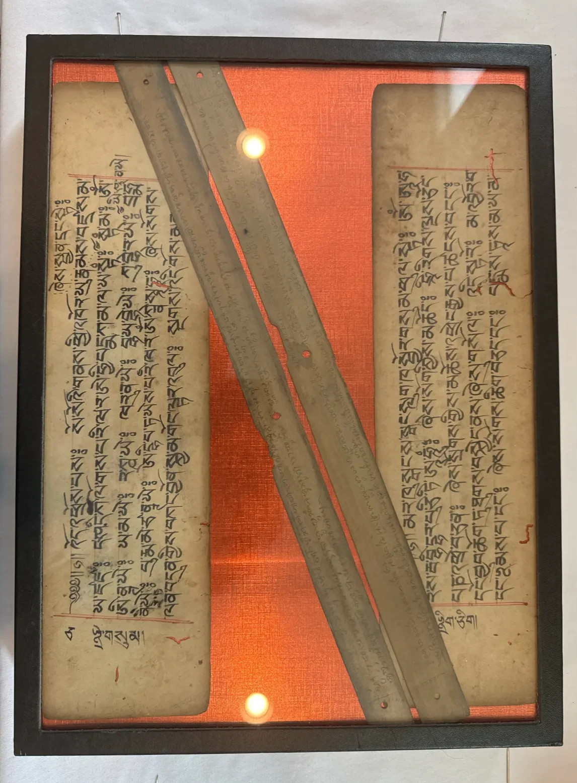 Framed Tibetan or Sanskrit Palm Leaf and Script Manuscripts