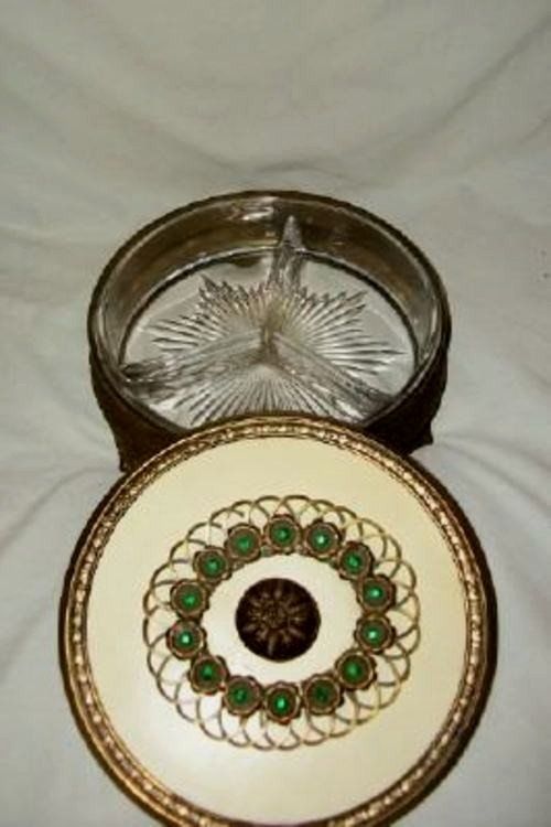Cottagecore 1920s Bronze Jeweled Vanity Dish Celluloid Divided Glass Antique
