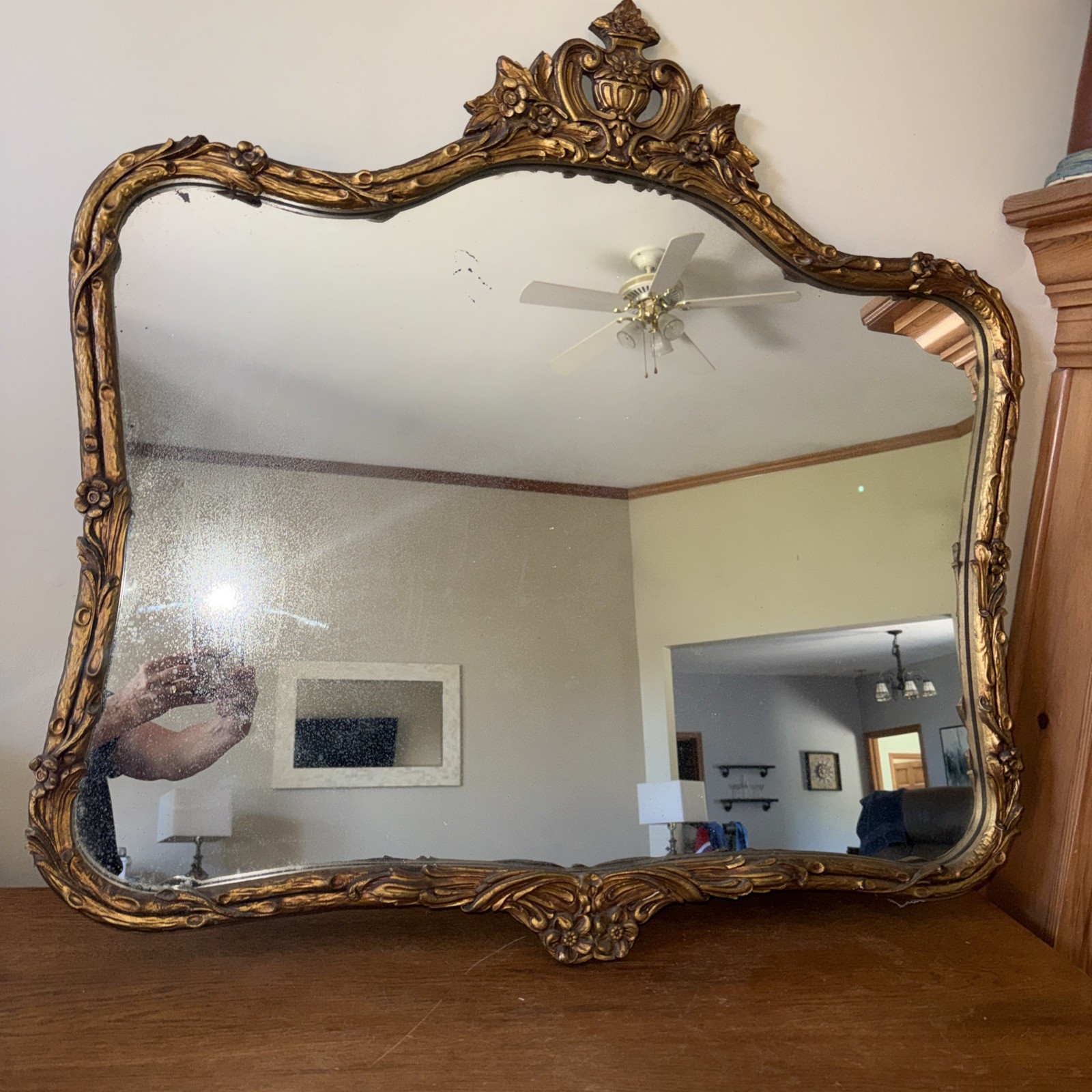 Antique Wood Gold Gilt Mirror Leaves Flowers Vines 37″ Wide X 34″