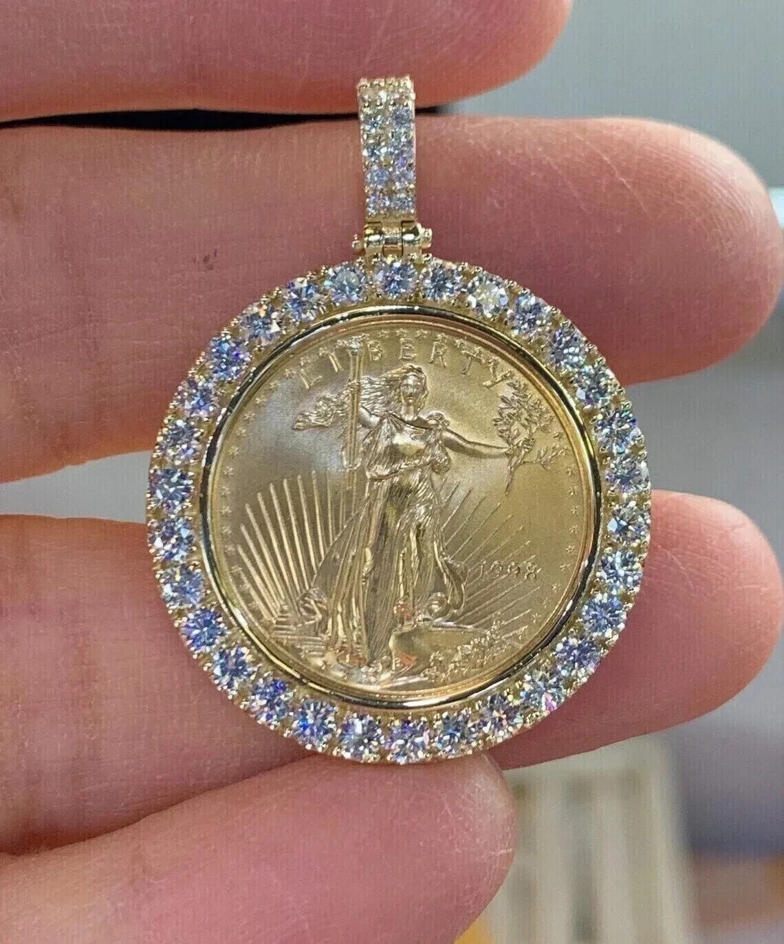 Lady Liberty Coin 4Ct Round Lab Created Diamond Pendant 14k Yellow Gold Finish
