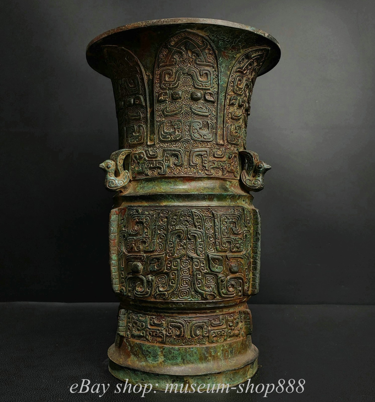 12″ Old Chinese Bronze ware Dynasty Wine vessel Beast Zun Bottle Pot Statue