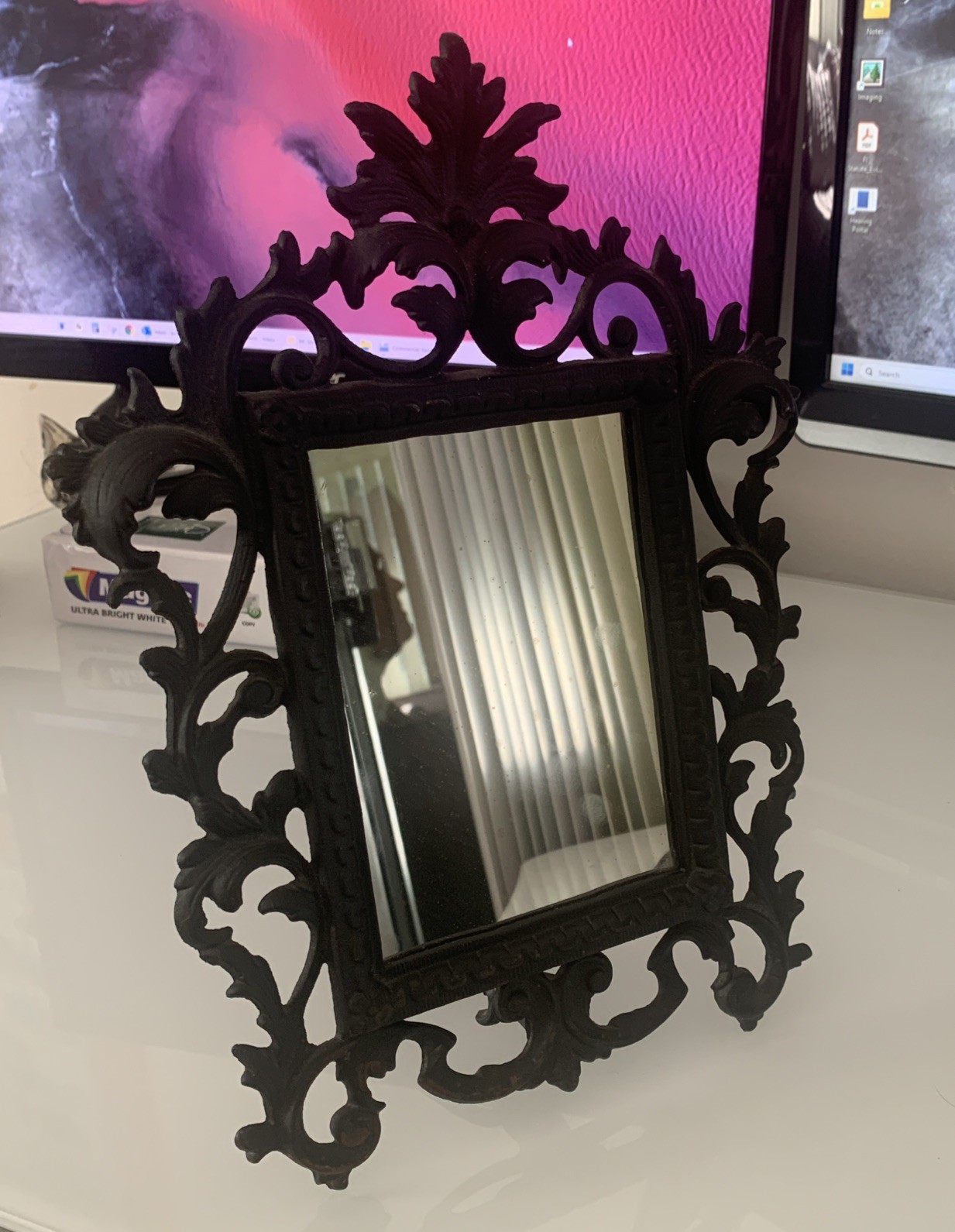 Vintage Iron Art JM 34 Cast Iron Framed Standing Easel Mirror Heavy 11 X 8 Goth
