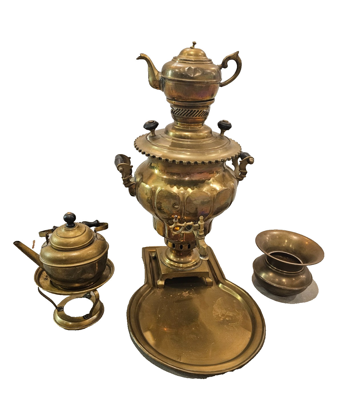 Antique Brass Samovar Set Tea Urn w/ Teapot Tray 17″