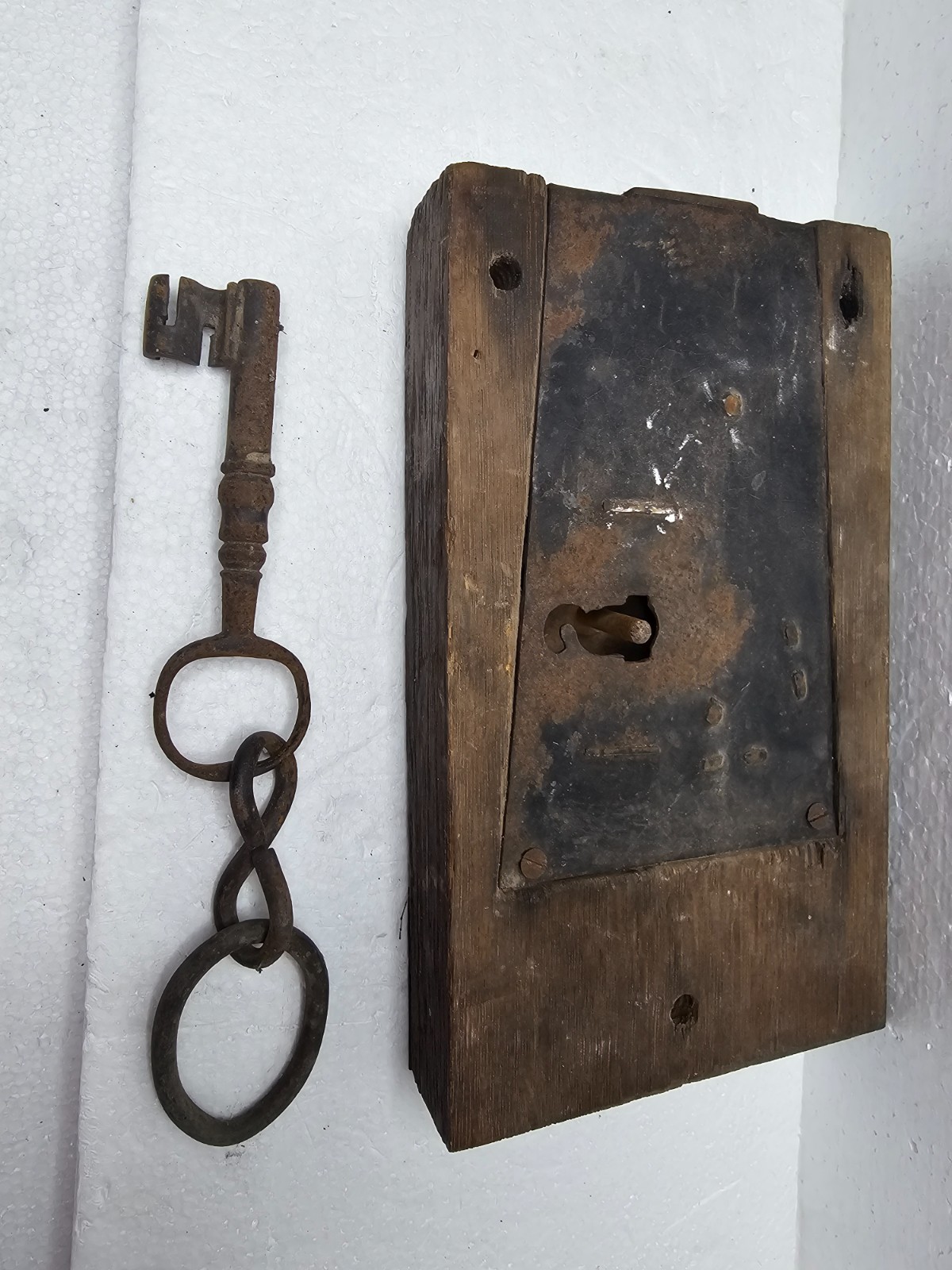 Large Antique Wood and Iron Box Rim Lock with Key – video of it working