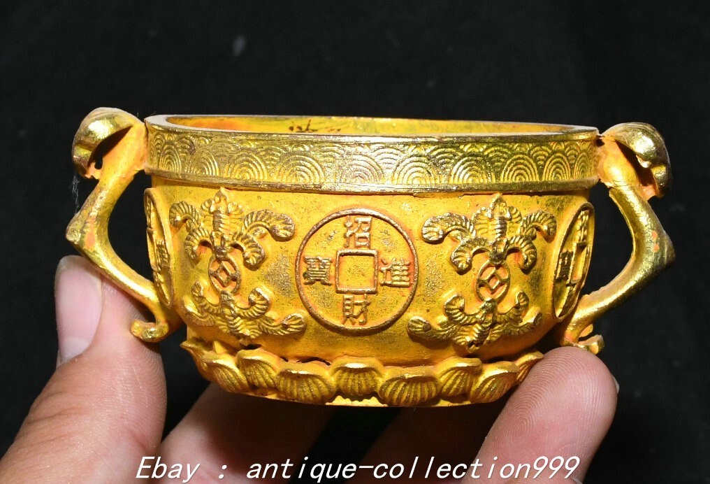 3.5″ Old Dynasty Pure Bronze Gilt Flower Pattern Double Ruyi Ears Wine Cup
