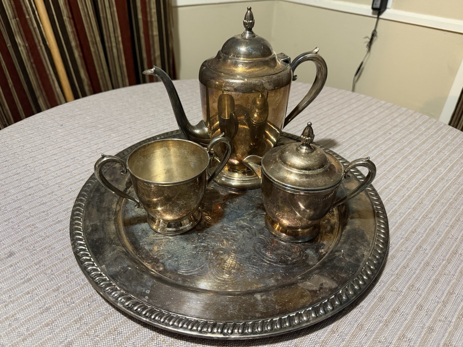 1875 Sheets R-S-Co Silver plated Teapot, Creamer and Sugarbowl Set with platter