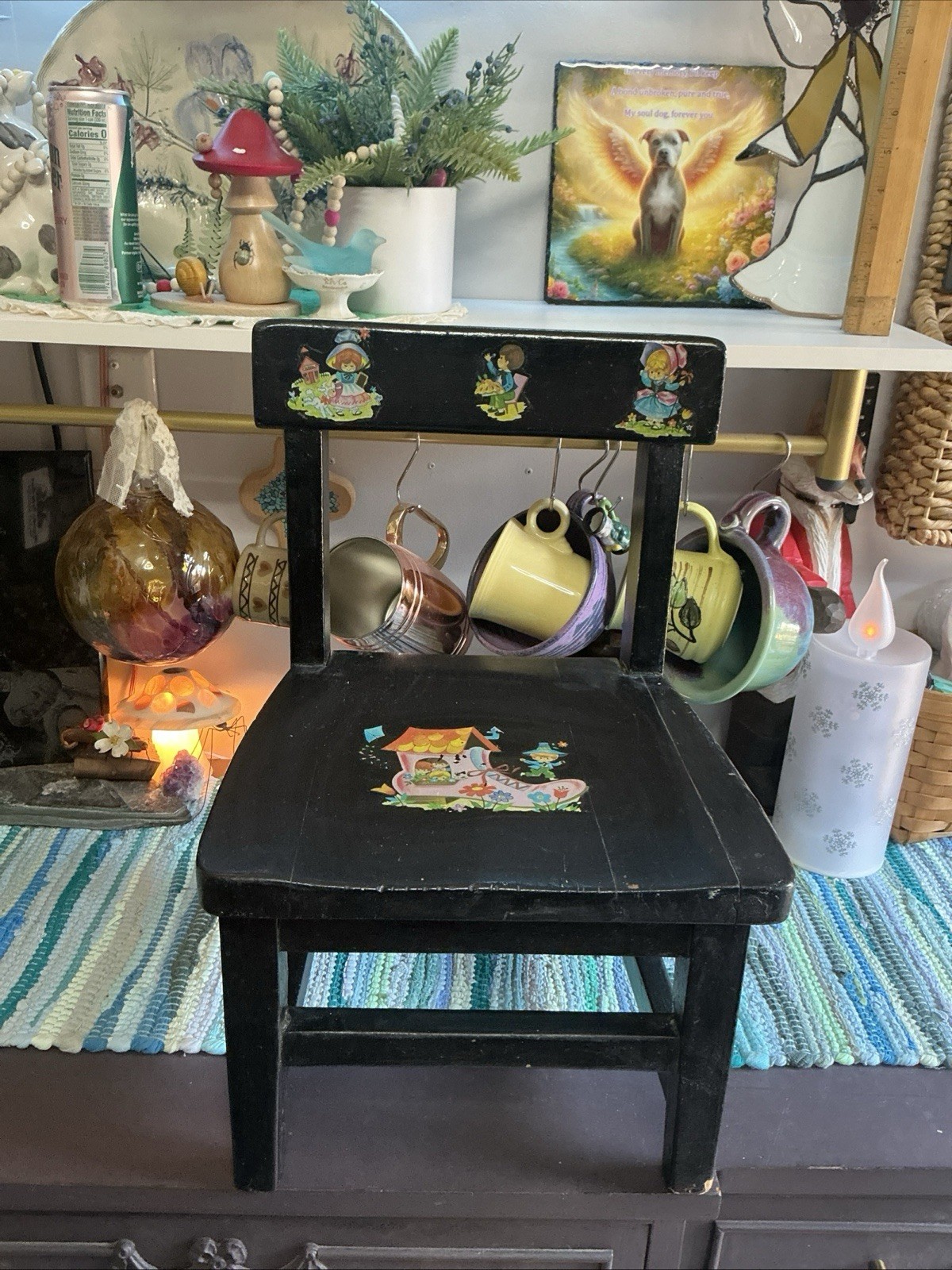 Vintage Wooden Black Nursery Rhymes Folk Art Child’s Chair Step Stool Multi-Use