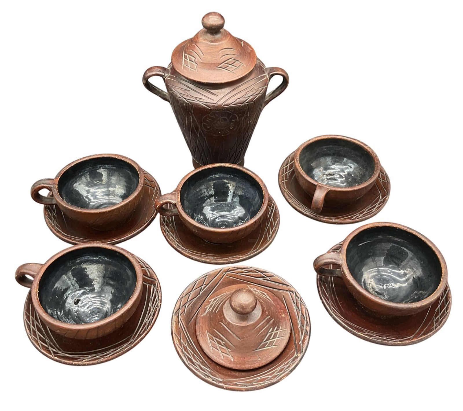 Vintage Yixing Zisha Style Urn Decanter Jar & Tea Cup & Saucer Set Ceramic