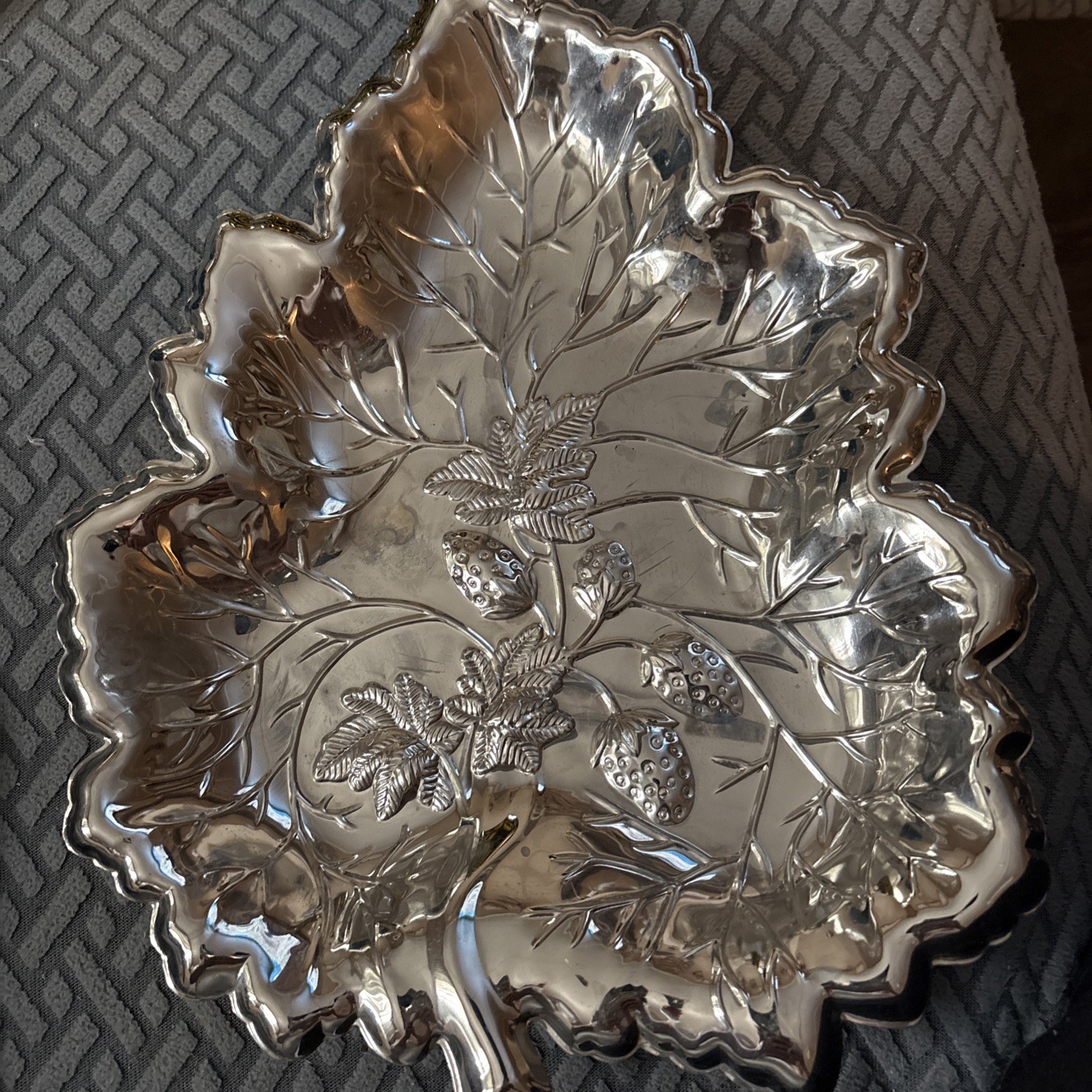 Beautiful Vintage Silver Plated Strawberry Leaf Dish, Around 12 Inches Long