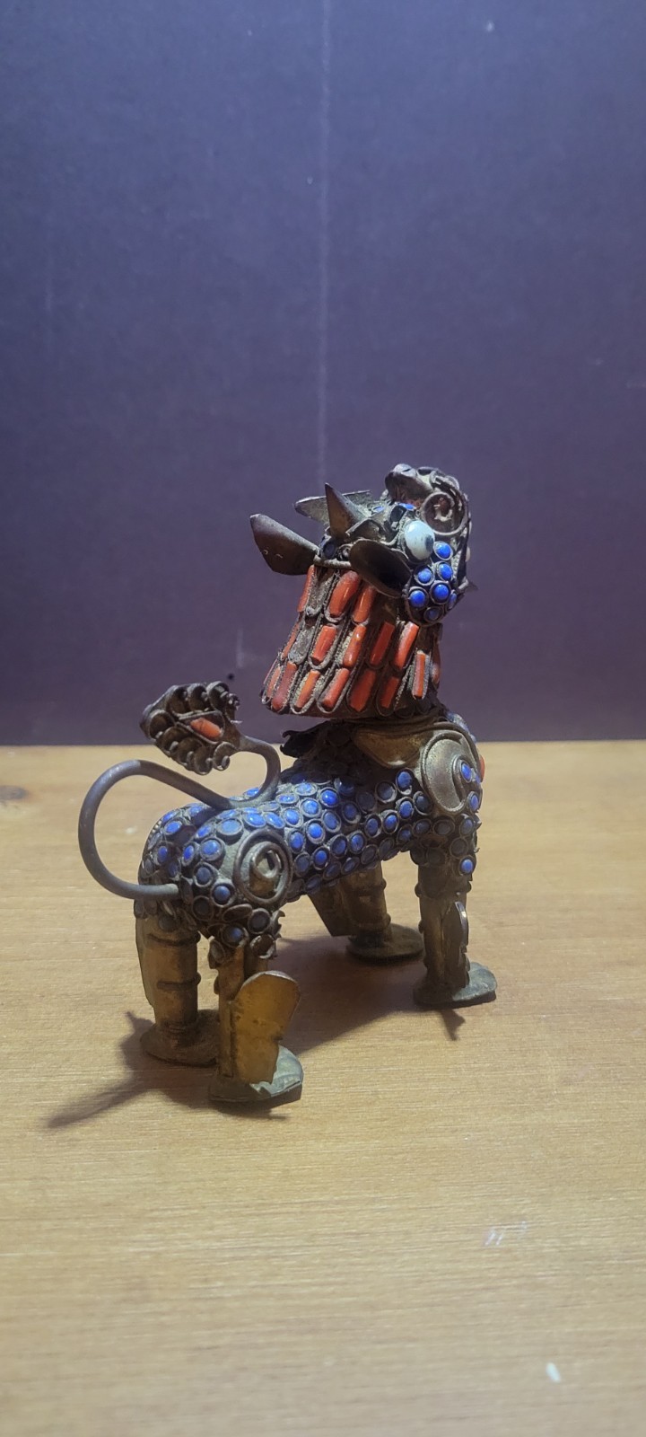 Small Tibetan Brass Kylin Foo Dog Statue w/ Turquoise & Coral Figurine