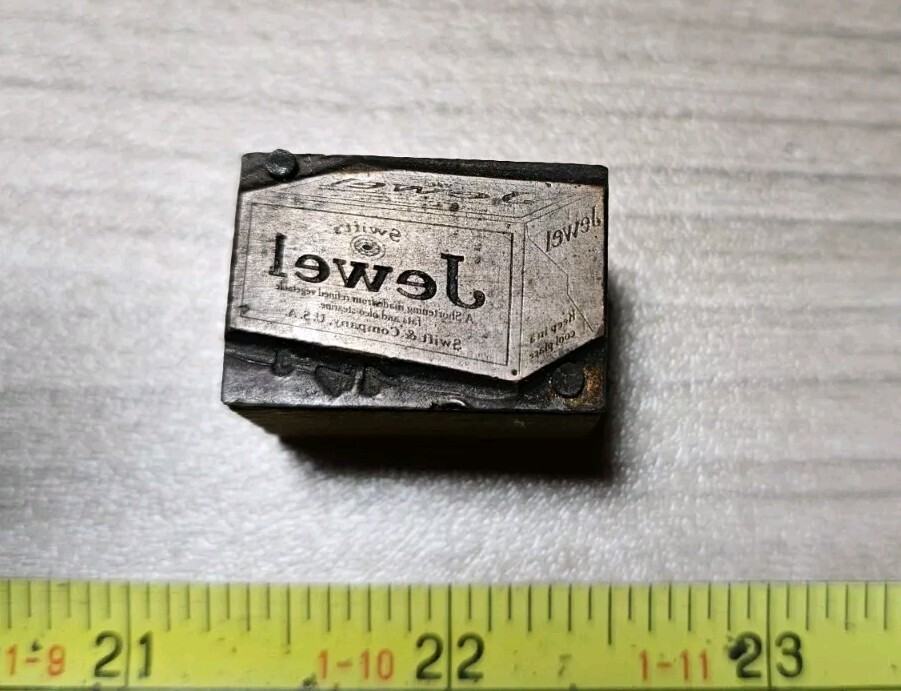 Vintage Letterpress Printing Block Swift & Company Jewel Shortening Advertising