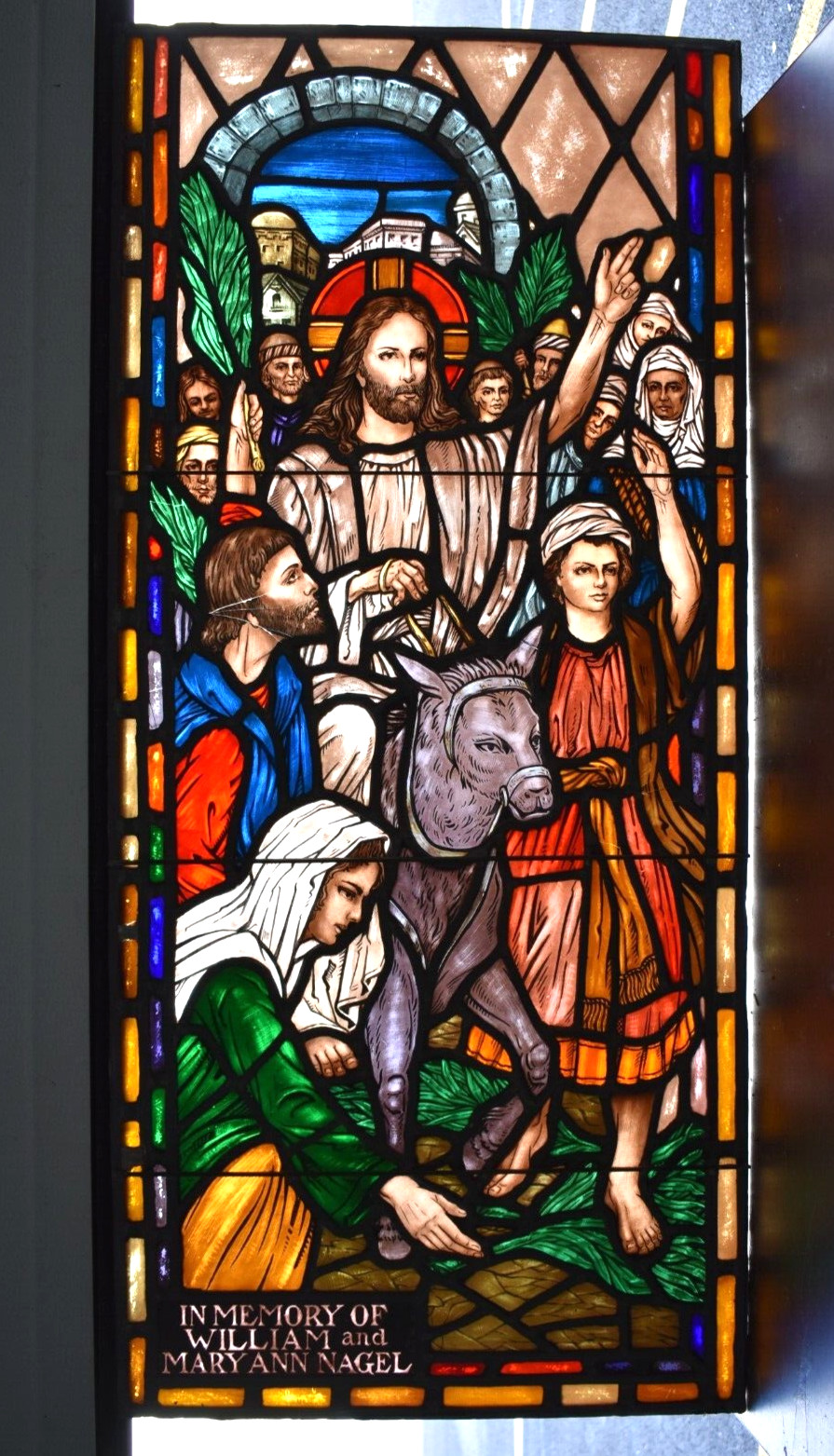 + Stained Glass Church Window, Jesus with Donkey, 49 3/4″ x 22 3/4″ (FPR25)