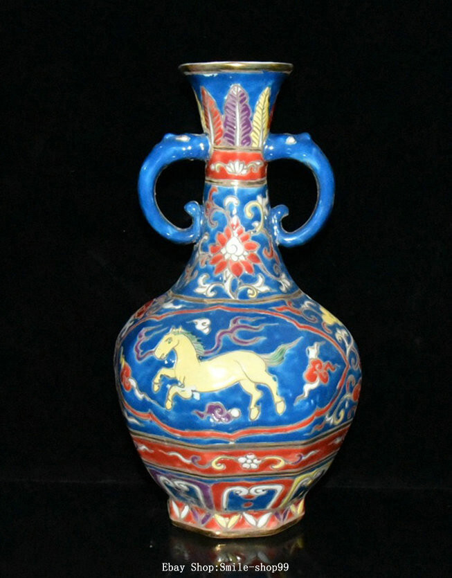 10″ Xuande Wu Cai Porcelain Fengshui Horse Animal Twin Ears Bottle Vase