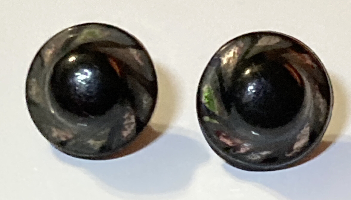 2 Antique Jet Black Glass Diminutive Buttons Foil Edge Metal Birdcage Shank 3/8″