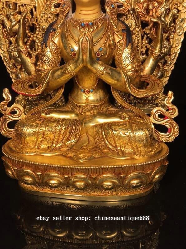 13” Tibet Copper Gilt Gems 4 Arm Hand Chenrezig Buddha Avalokiteshvara Statue