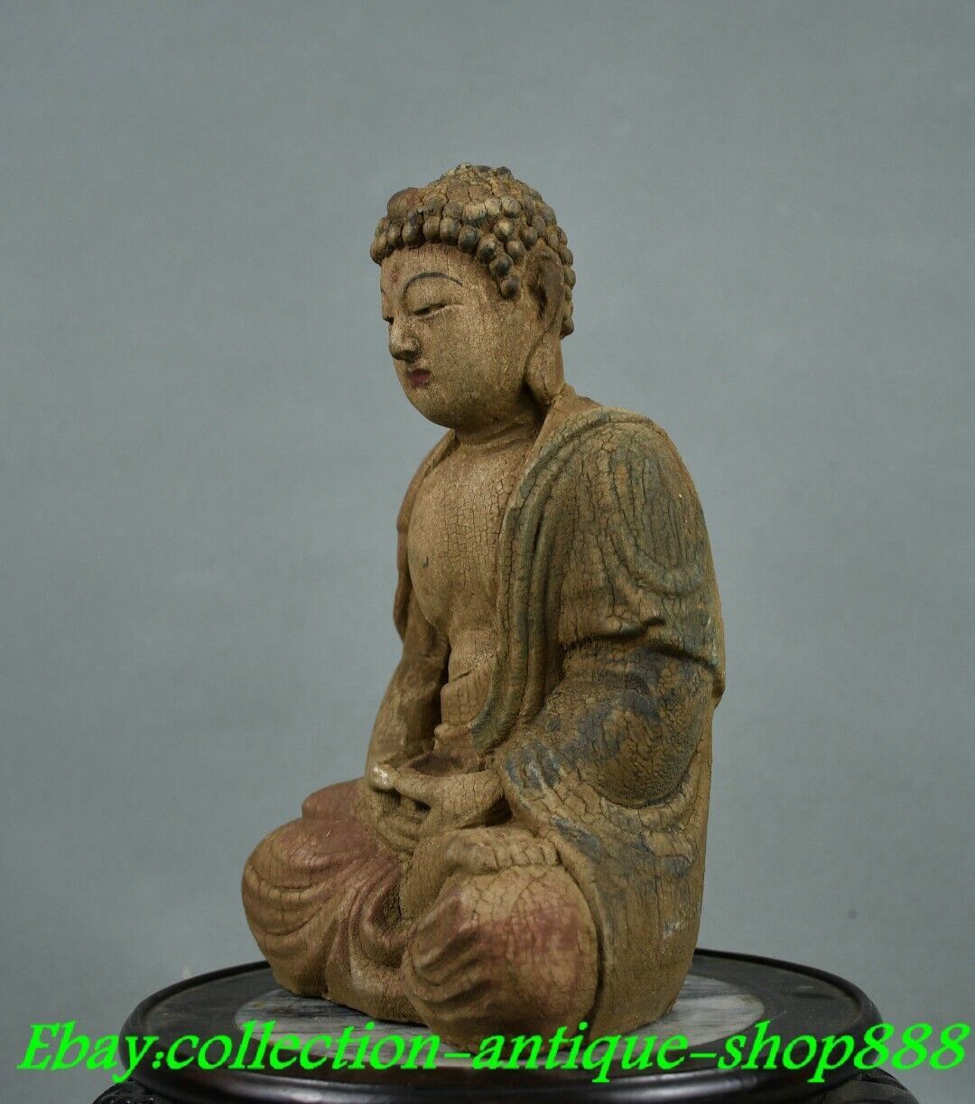 9″ Old Chinese Dynasty Wood lacquerware Shakyamuni Amitabha Buddha Statue