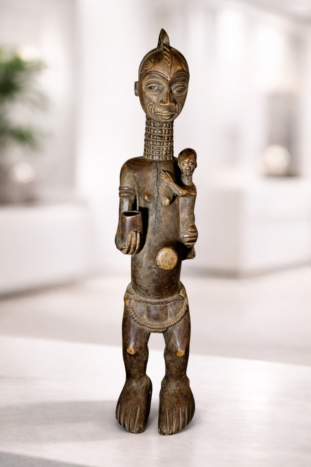 African Lulua Maternity Figure 27” Bakwa Mushilu Congo Tribal Wood Sculpture