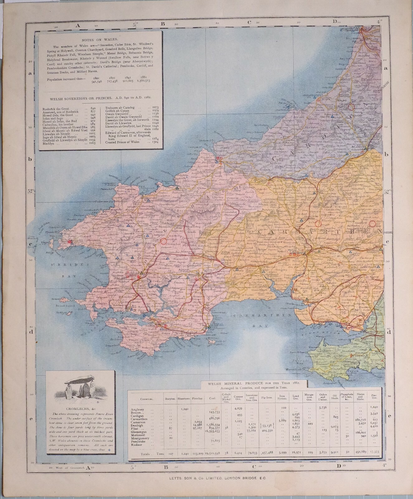 1884 COUNTY MAP WESTERN WALES WELSH MINERLA PRODUCE CARDIGANSHIRE CARMARTHEN