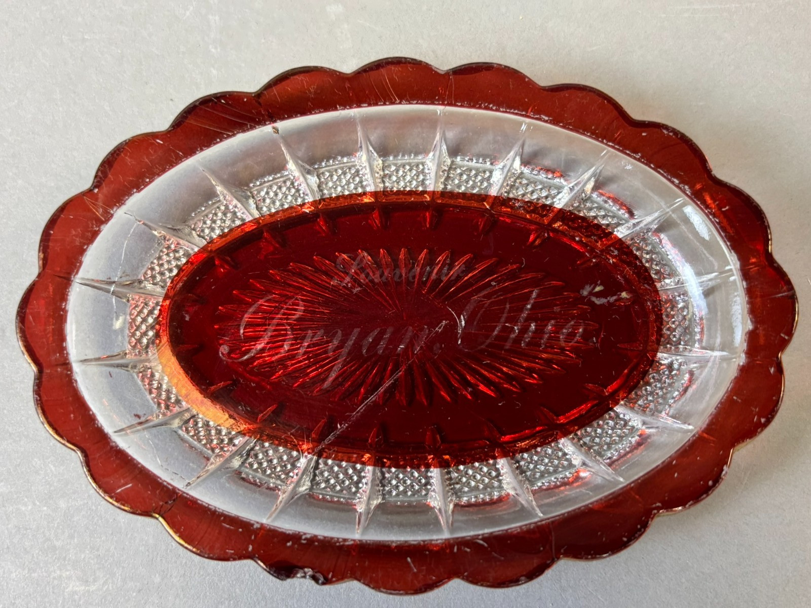 #1032 Antique BRYAN OHIO Ruby Red Flash Souvenir Glass CANDY DISH