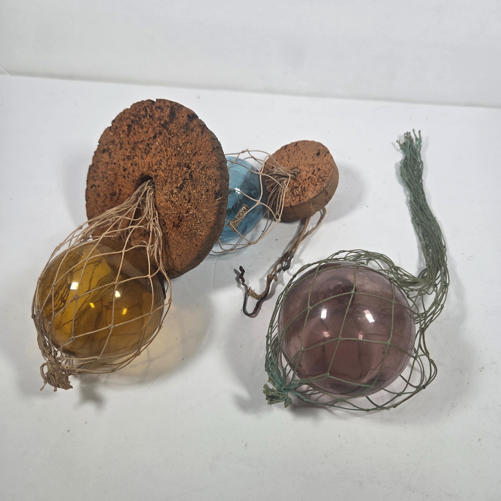 3 Vintage Korean Glass Fishing Floats w/ Cork Buoys & Netting Nautical Maritime
