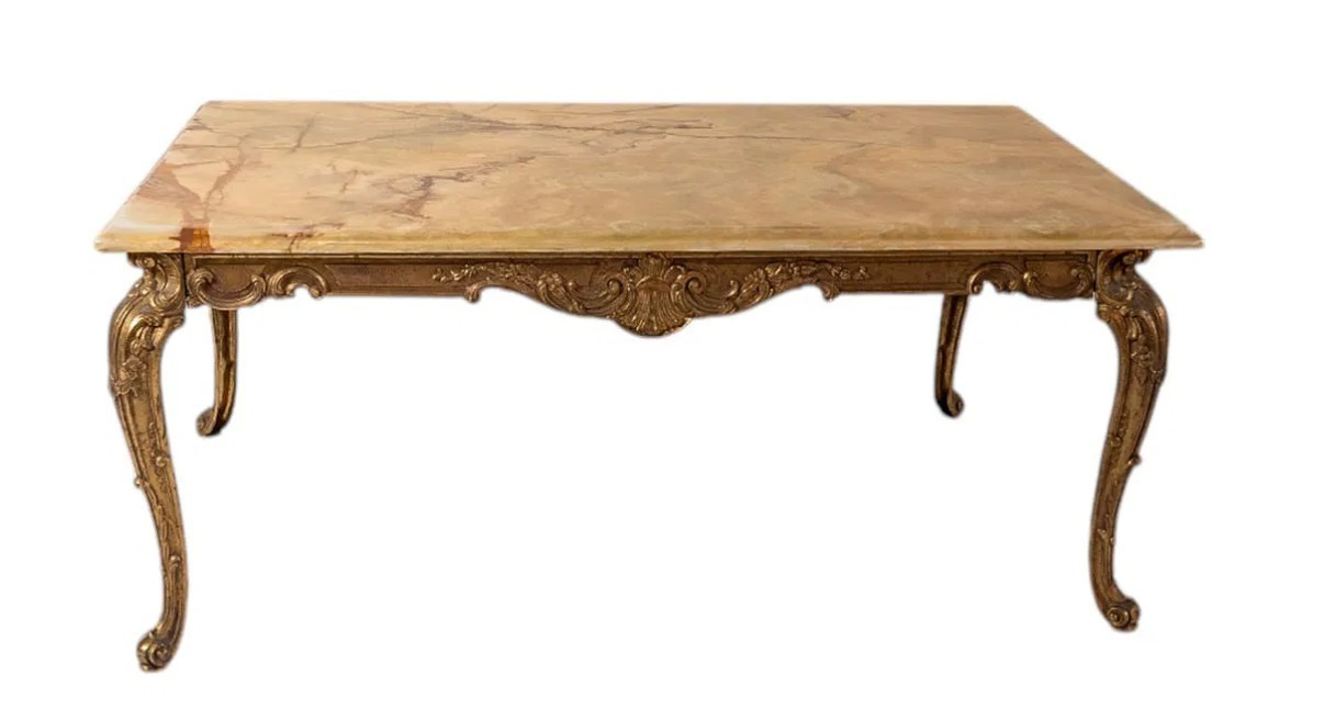 Antique French Louis XV Style Gilt Brass Console Table with Onyx Marble Top