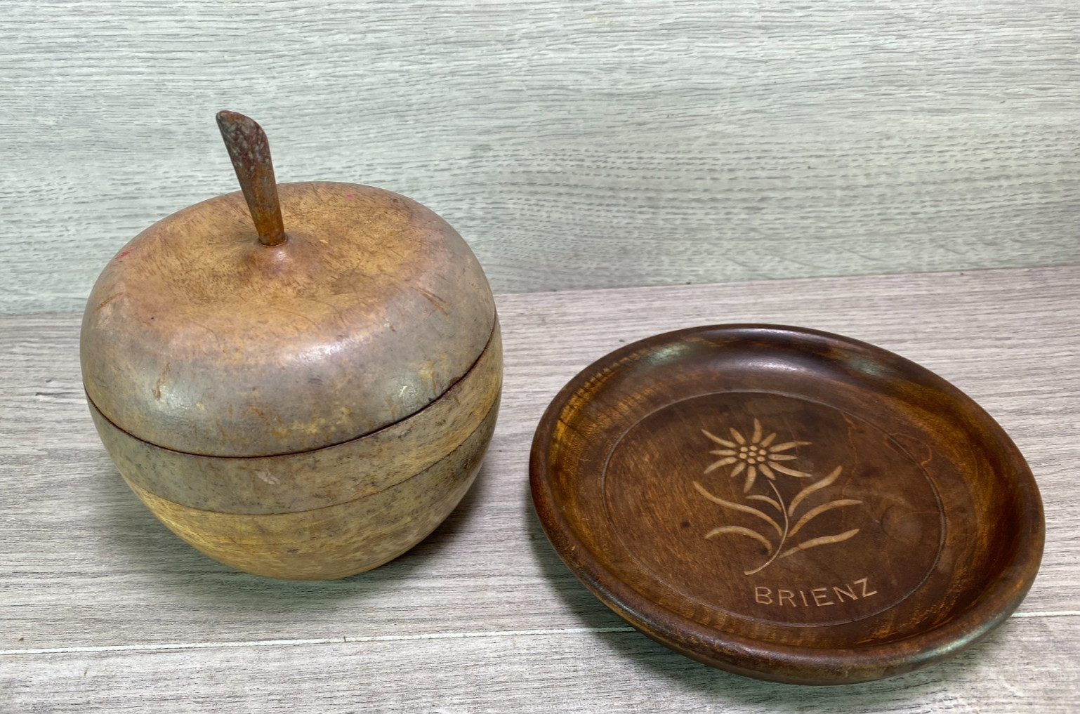 Apple wood box in 2 pieces the shape of an apple and brienz tray treen handmade