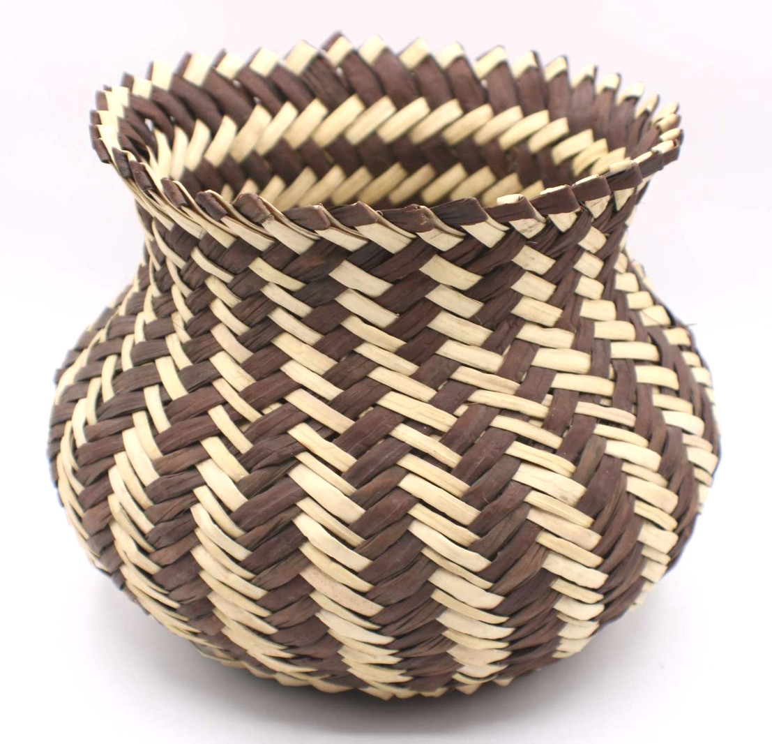 Handwoven Mexico Basket Storage Handmade Rustic Twill Weave Pot Shape 2-Tone Vtg
