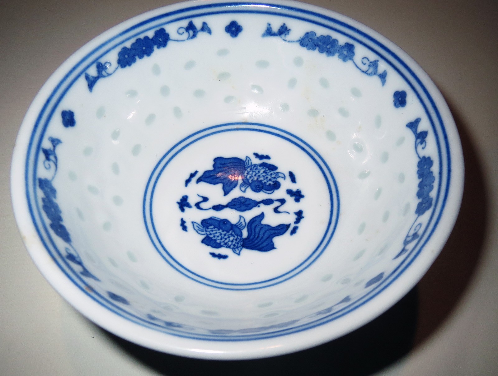 Signed Old Chinese TRANSLUCENT BLUE & WHITE – KOI GOLD FISH PORCELAIN BOWL