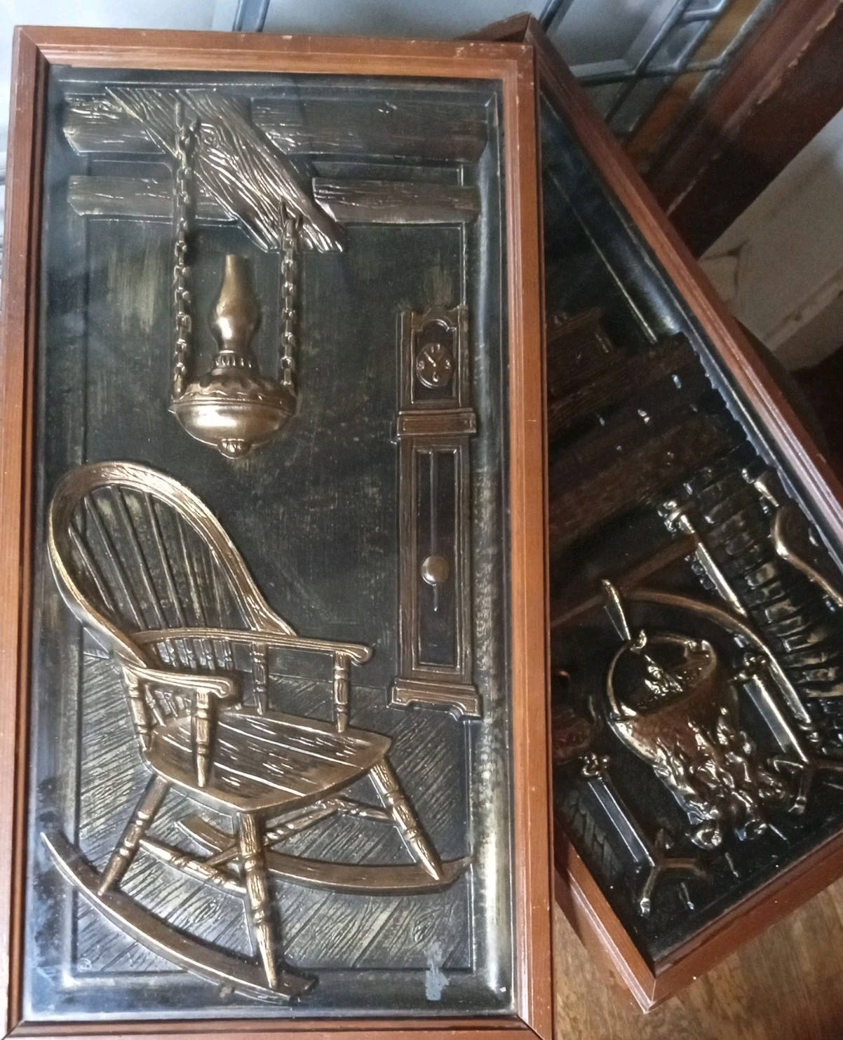 2-HAMMERED COPPER VINTAGE SHADOW IMAGES COLONIAL INTERIOR PLAIN WOOD FRAME. da