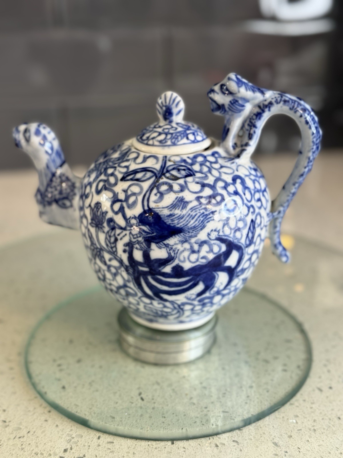 Vintage Chinese Figural Dragon Teapot Foo Dog Handle Monk Lid Mark Seal