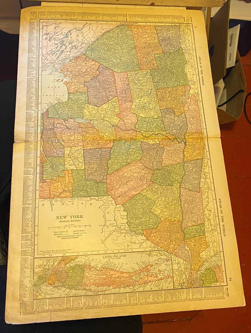 1910 Colored COUNTY Map “Eastern NEW YORK & L.I.” 13″ X 20″ ~ Counties, Cities