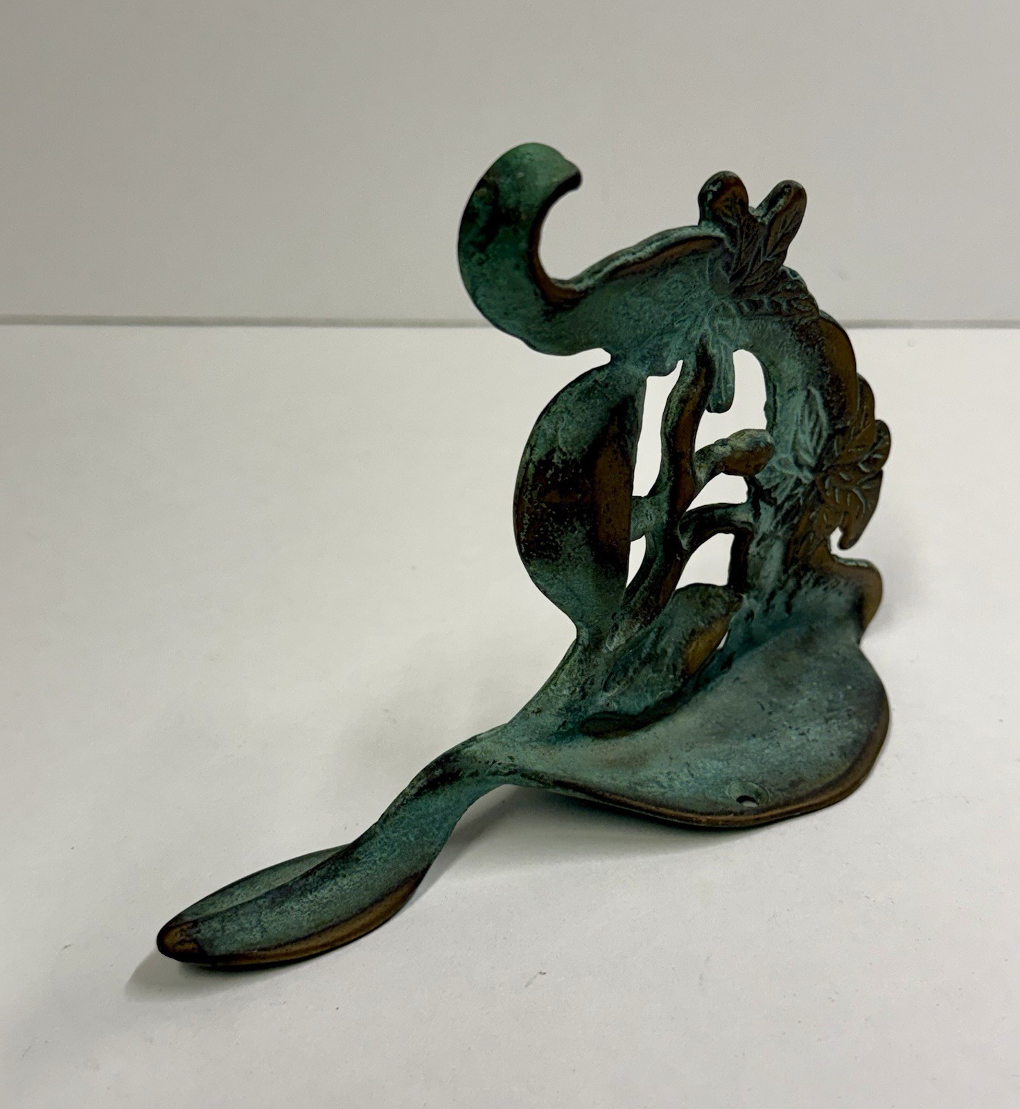 Vintage Patina Green Solid Brass Metal Flowers Leaf Single Wall Hook Accent 7”