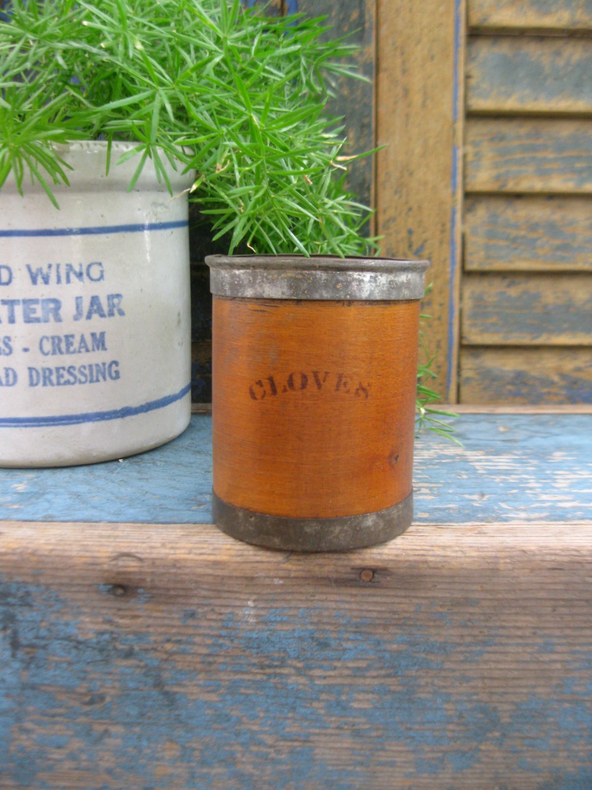Early Antique Wood & Tin Spice Box ca. 1860 Original Cloves Stencil