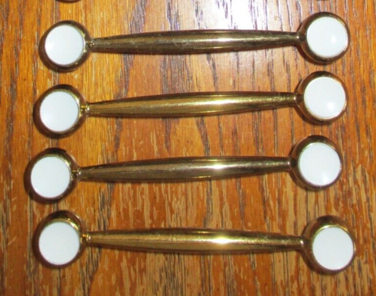 1960’s MCM White Enamel & Brass Bar-Style Drawer Pulls, 4 ea., 4 x 1, EUC