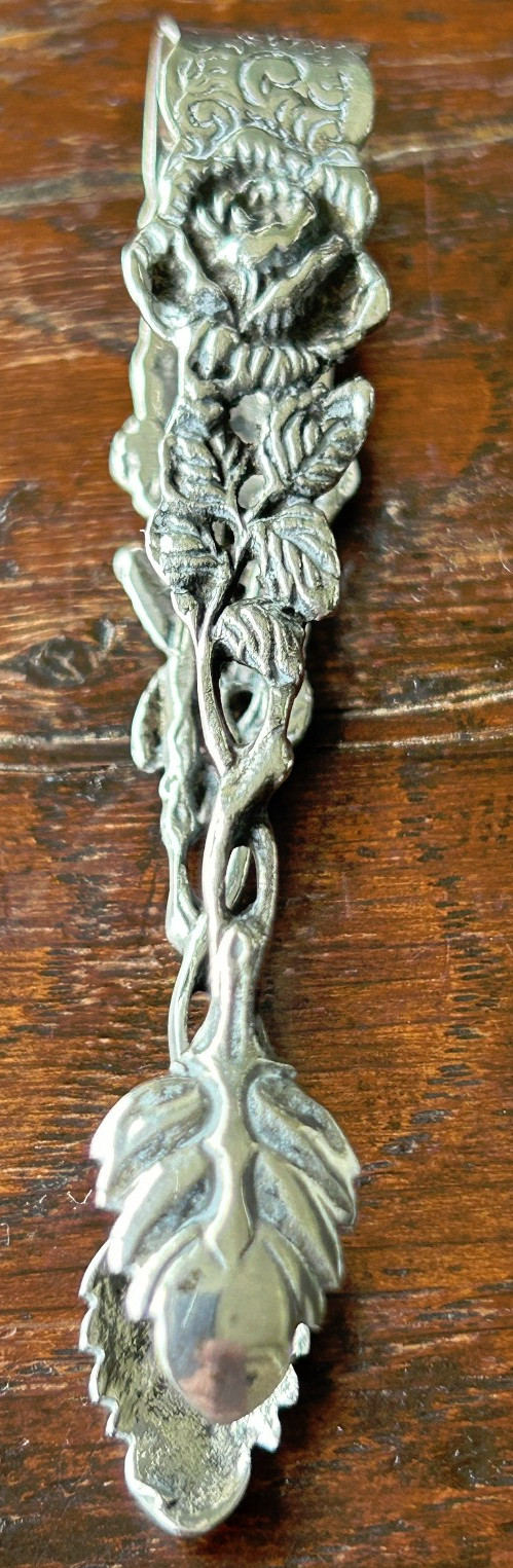 Antique Silver Sugar Tongs, Germany Marked 835, Rose Pattern