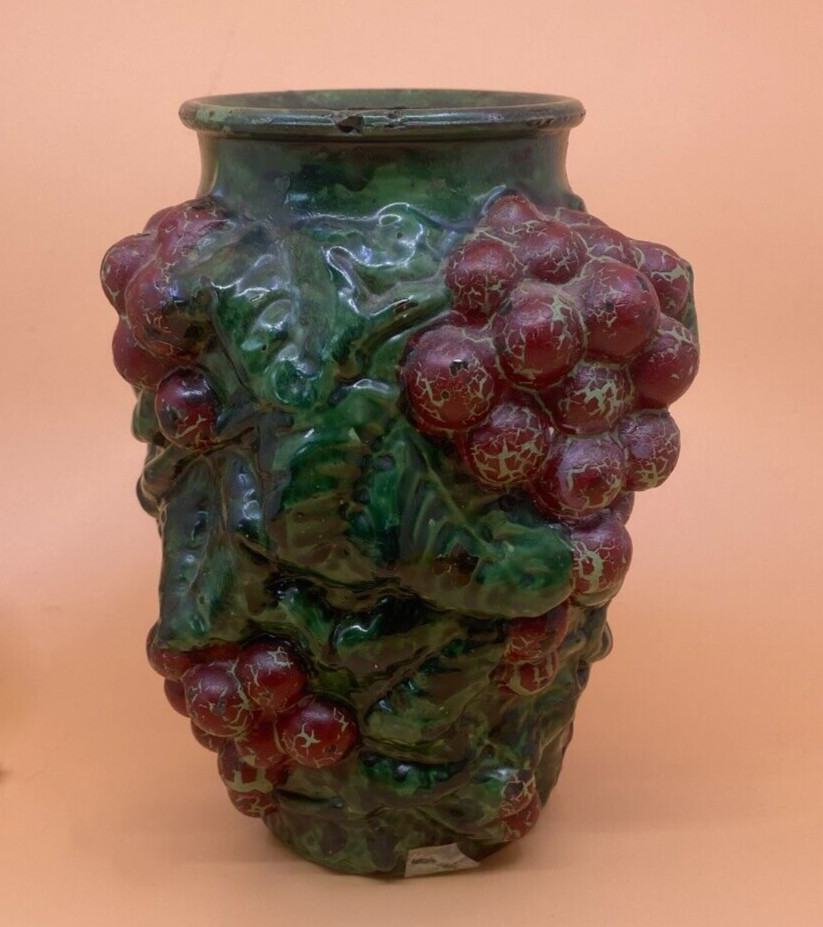Antique 1897-1925 Goofus Glass Vase Grape Pattern 7 in ht Green with Red Grapes