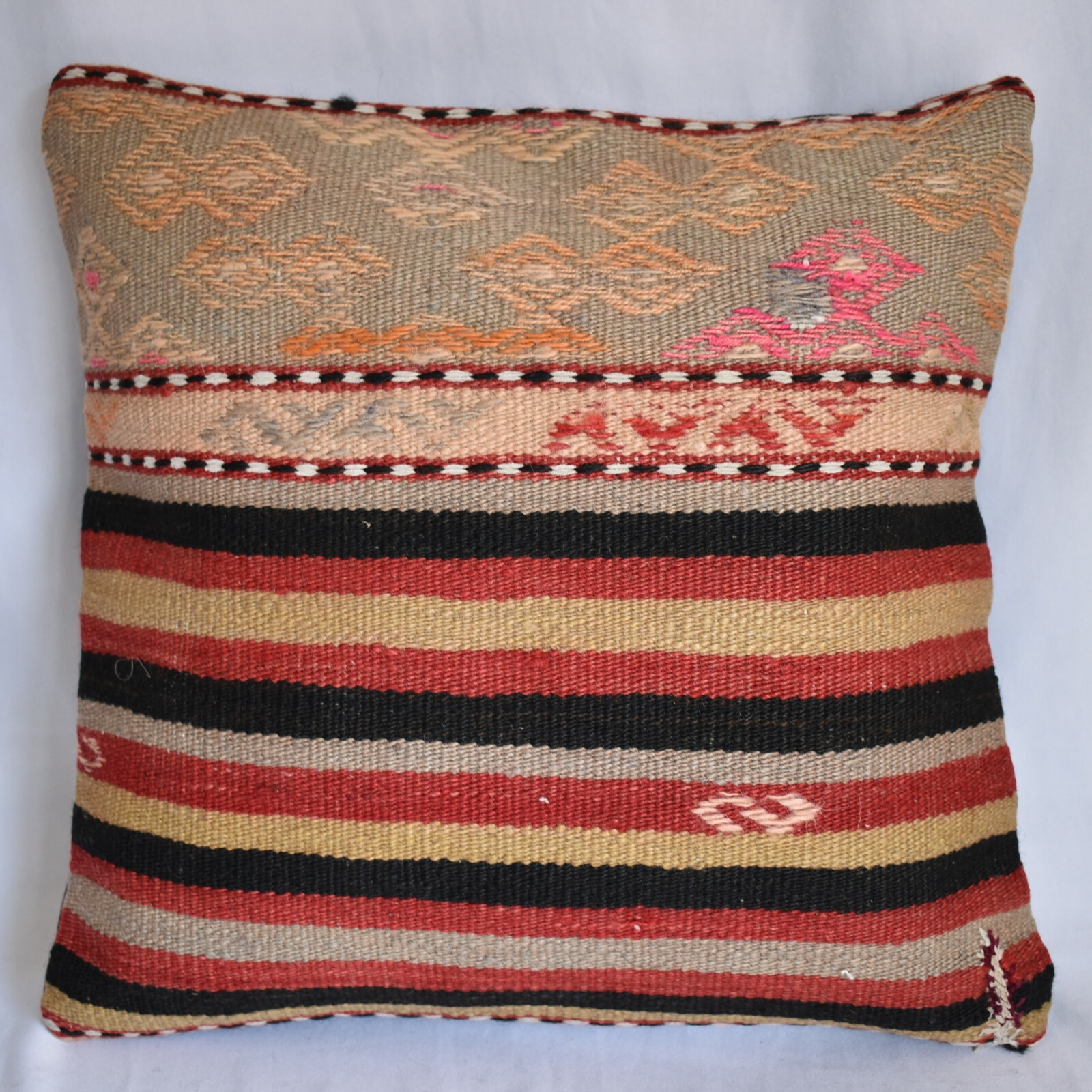 Turkish Kilim Rug Throw Pillow Cover Cushion Cover 16”x16” Nomad Vintage Kelim