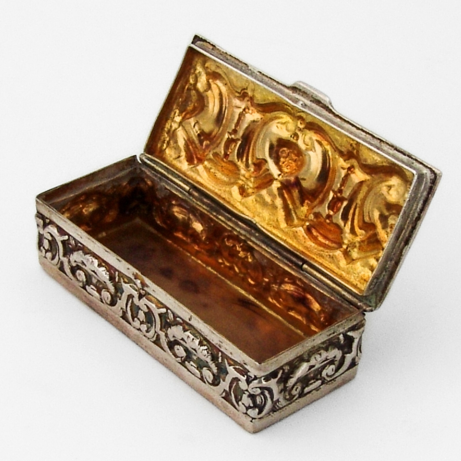 Ornate Rectangular Form Pill Box Sterling Silver