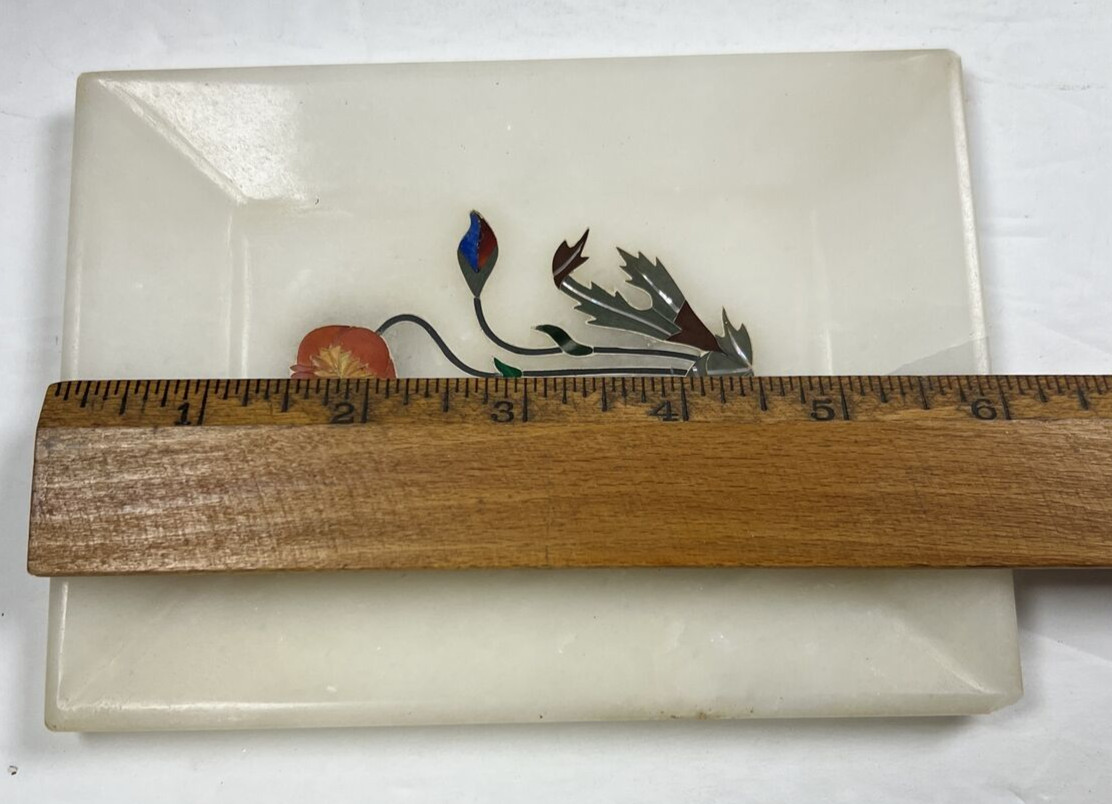 Vintage Pietra Dura Poppy Marble Mosaic Inlay Tray Rectangle Agra India Chipped