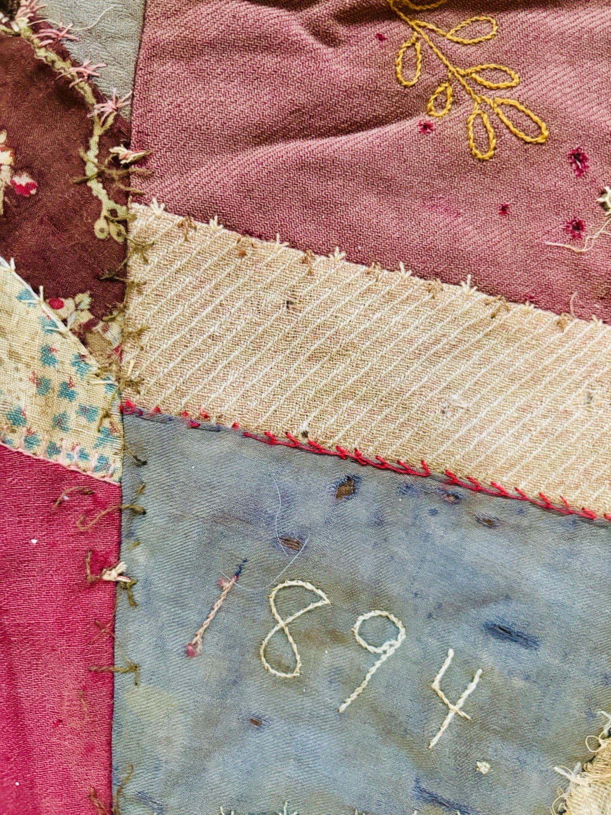 🌟1894 Antique Victorian Botanical Embroidered CRAZY QUILT Signed SARA A+ Skill