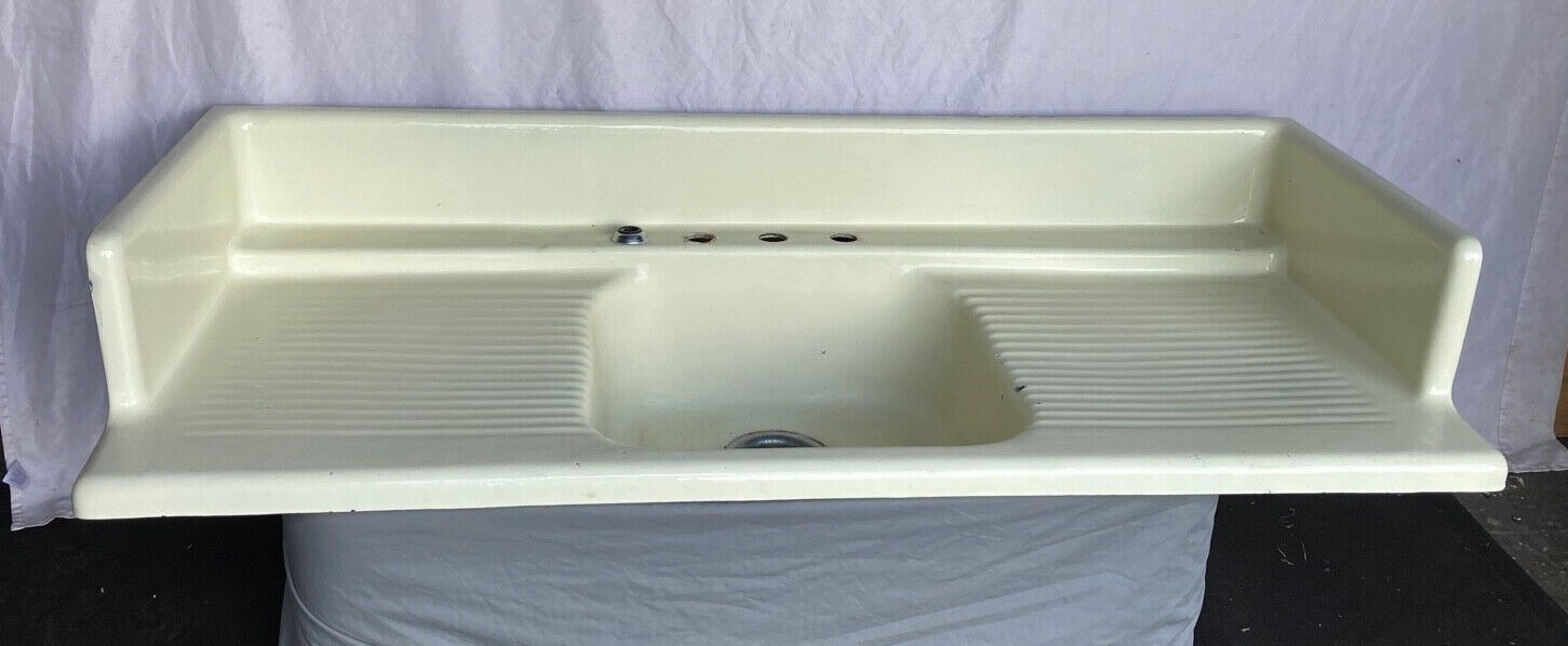 Antique Cast Iron Butter Cream Pale Yellow Porcelain Kitchen Farm Sink 47-25E