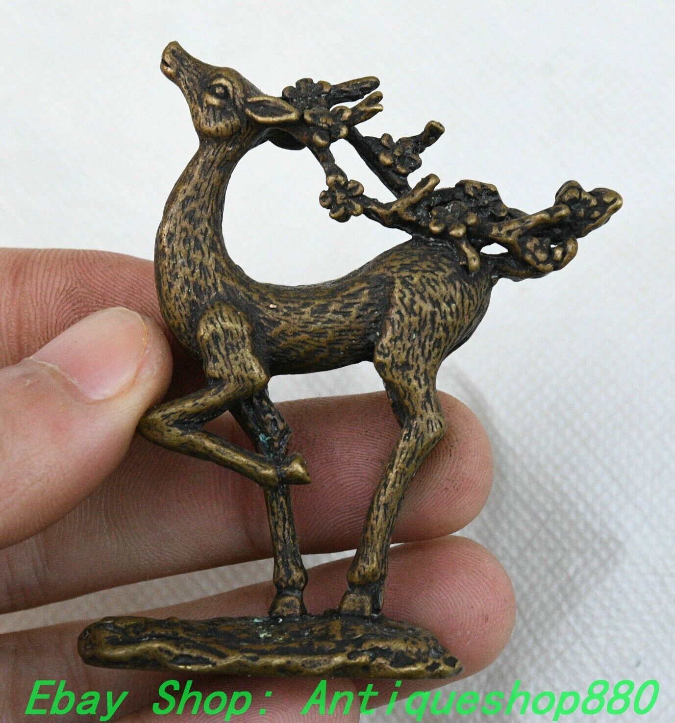 2.7”Old Chinese Dynasty Bronze Plum Flower Sika Spotted Deer Statue Sculpture