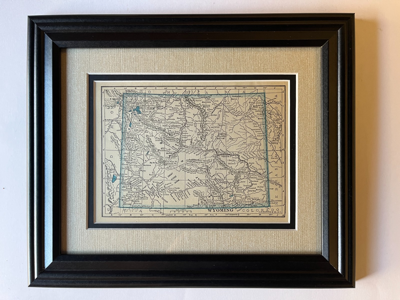 1934 “BLUE” WYOMING State Map by C.S. Hammond Frame/Dbl Mat SEE DESCRIPTION
