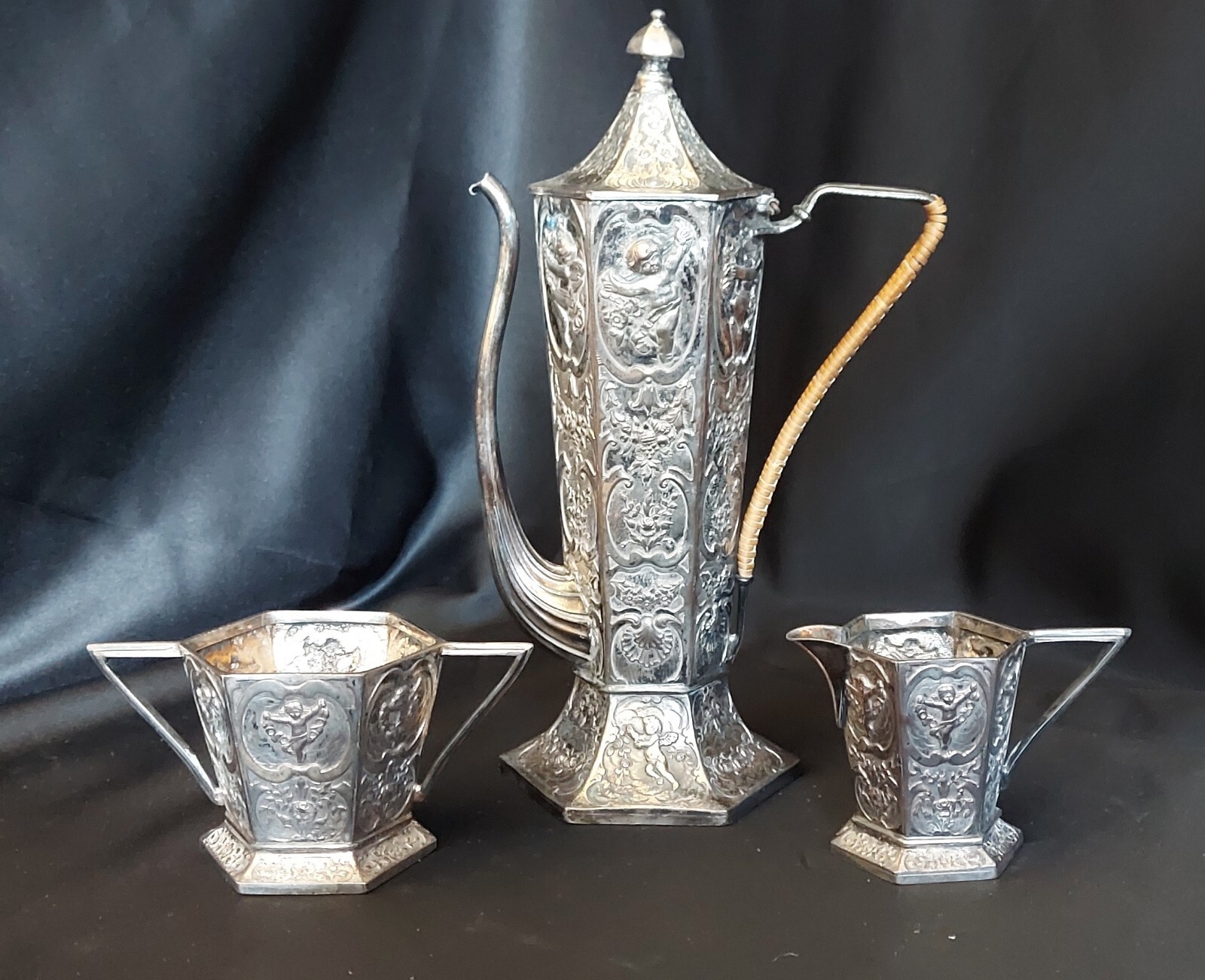 E.G. Webster Rocco Repousse Putti Cherub Gooseneck Teapot Set 1800s Antique