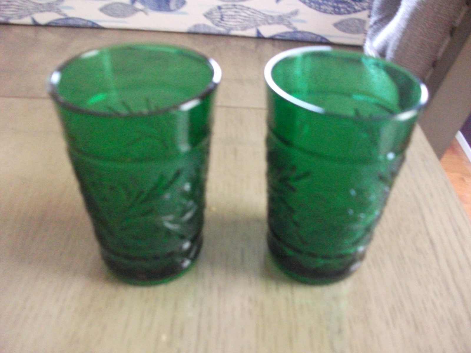 Forest Green Sandwich Glass Anchor Hocking – 2 Juice Glasses – 3-1/2″ Tall