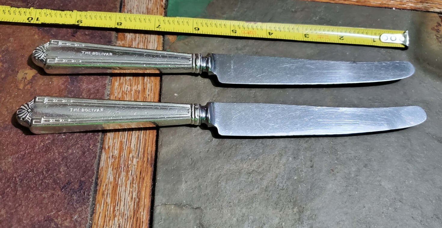LOT OF 2 DISTRESSED ANTIQUE “THE BOLIVAR ” SILVERPLATED OLD FRENCH HOLLOW KNIVES